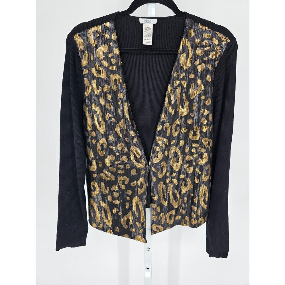 Cache Black Ribbed Sweater With Gold & Black Sequins Leopard Print Cardigan XL